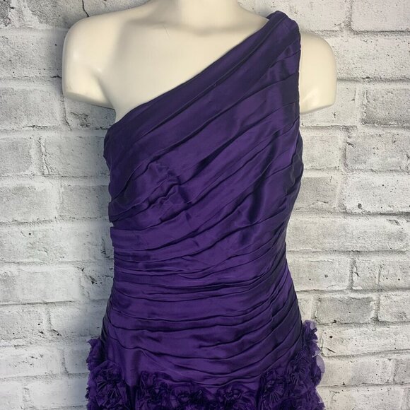 Theia One Shoulder Purple 100% Silk Ruched Rosette 3D Appliqué Cocktail Dress - Picture 2 of 16